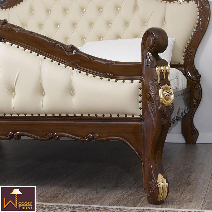 Teak Wood King Size Bed Hand Carved With Cushioned Design - WoodenTwist