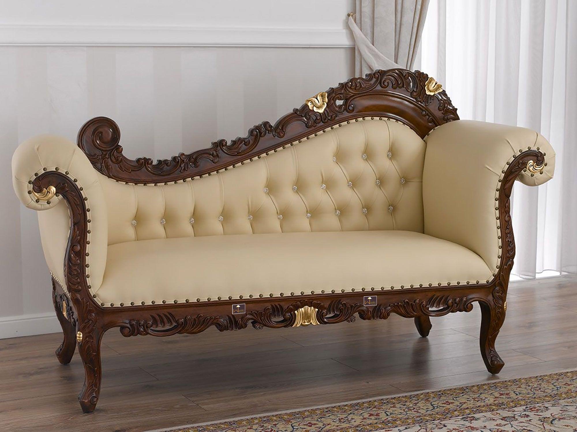 Hand Carved Barock Stil Chaise Longue Sofa Champagner Crystal (Teak Wood) - WoodenTwist