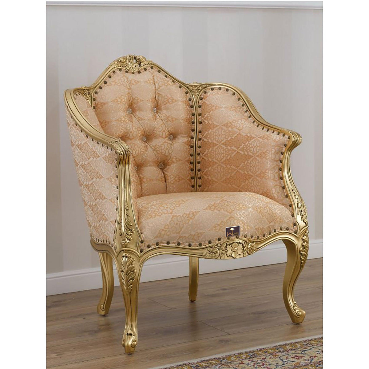 French Baroque Style Champagne Sofa Chair Gold Leaf - WoodenTwist