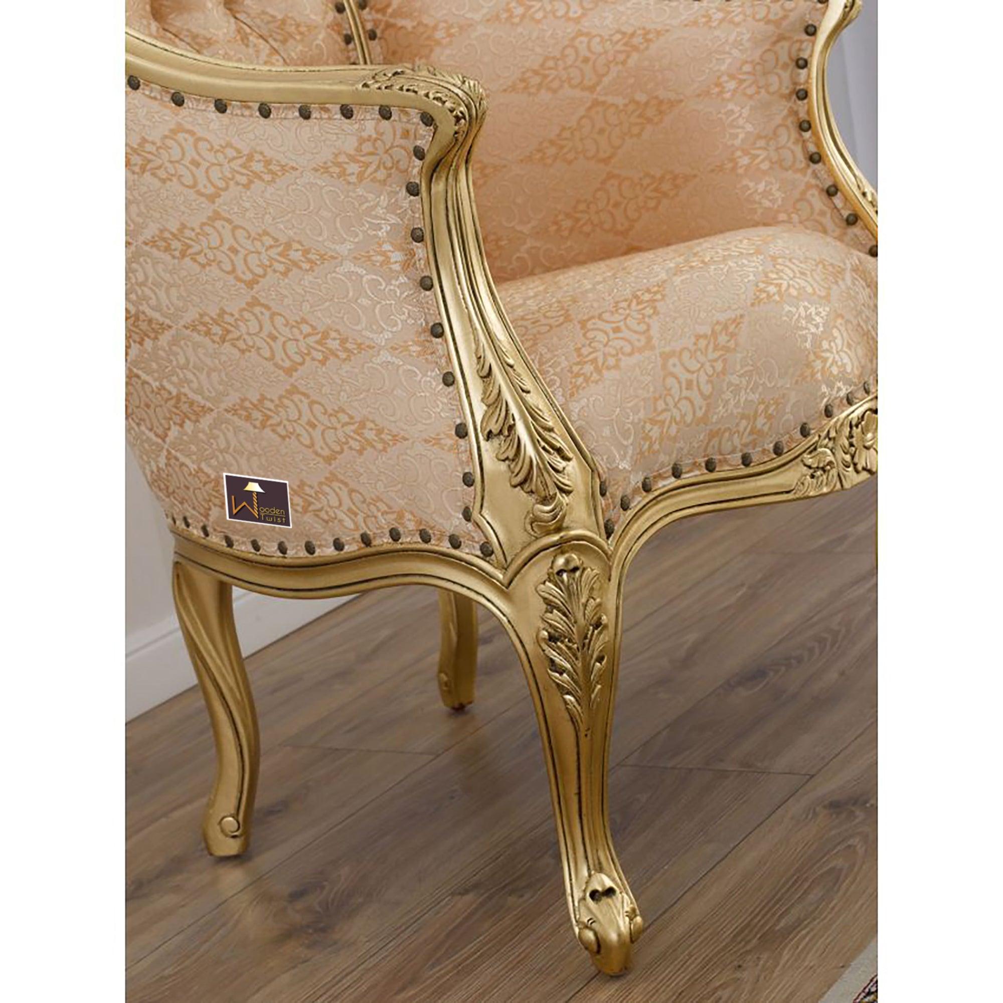 French Baroque Style Champagne Sofa Chair Gold Leaf - WoodenTwist