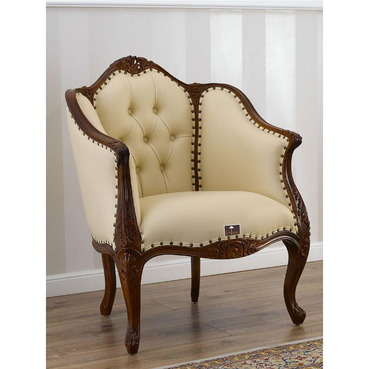 Italian Baroque Style Champagne Sofa Chair (Walnut Finish) - WoodenTwist