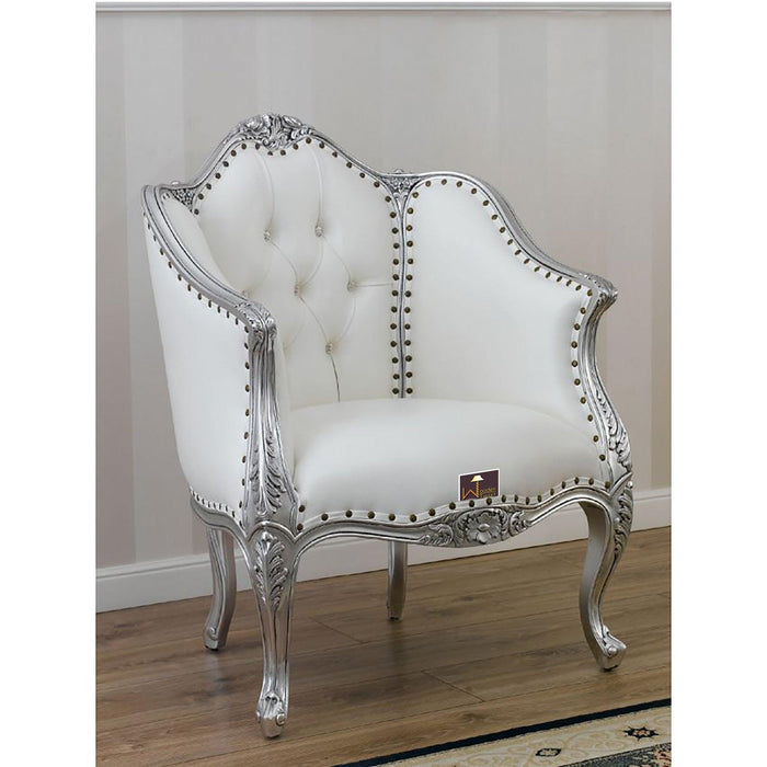 Italian Baroque Style Champagne Sofa Chair Silver leaf Finish (White) - WoodenTwist