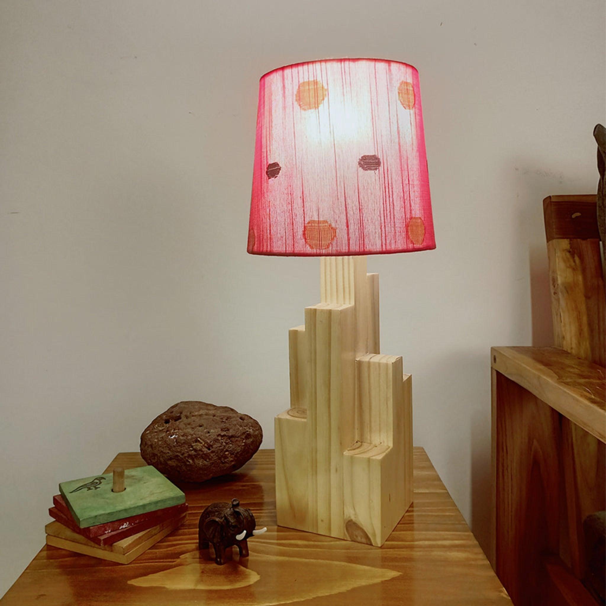 Skyline Beige Wooden Table Lamp with Red Printed Fabric Lampshade - WoodenTwist