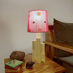 Skyline Beige Wooden Table Lamp with Red Printed Fabric Lampshade - WoodenTwist