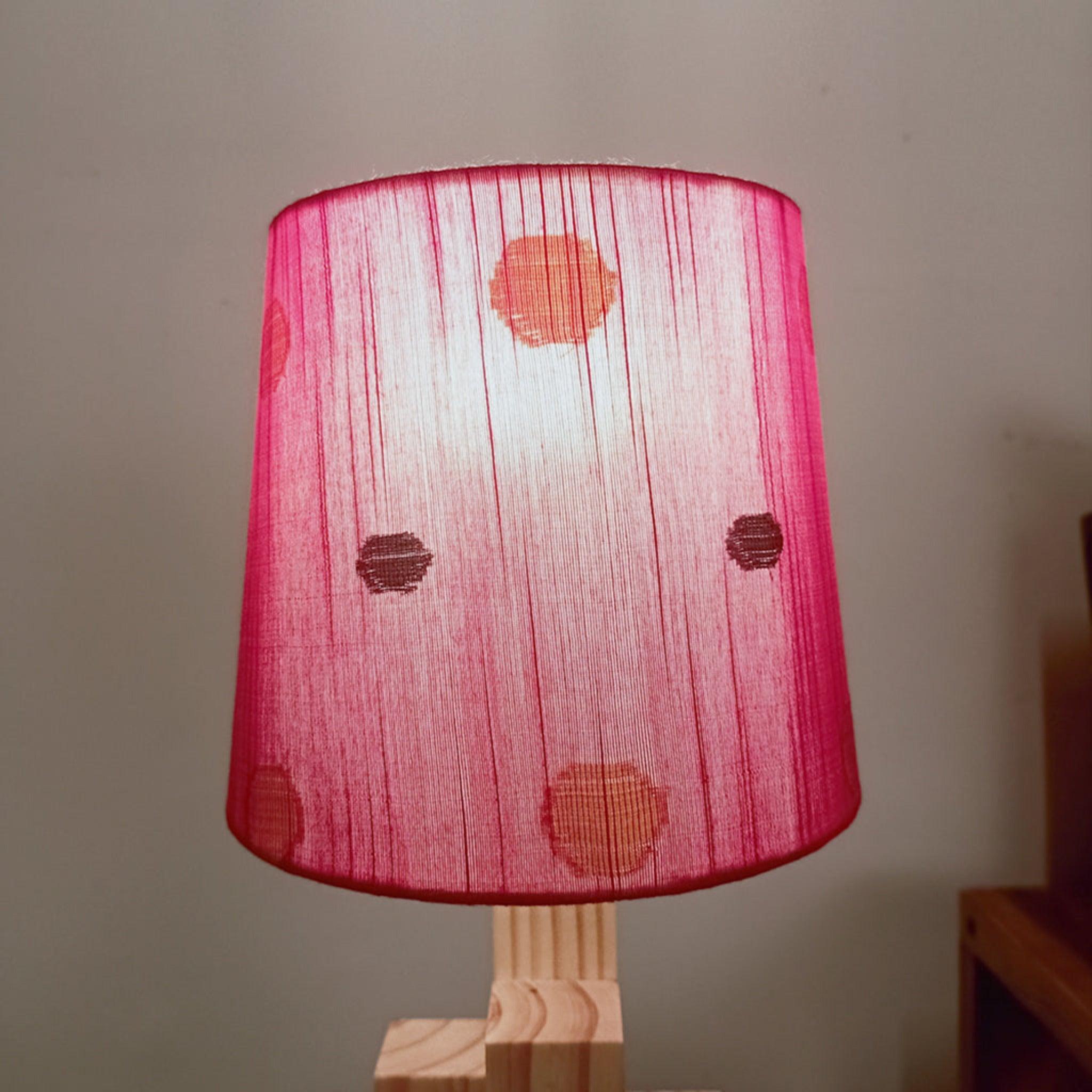 Skyline Beige Wooden Table Lamp with Red Printed Fabric Lampshade - WoodenTwist