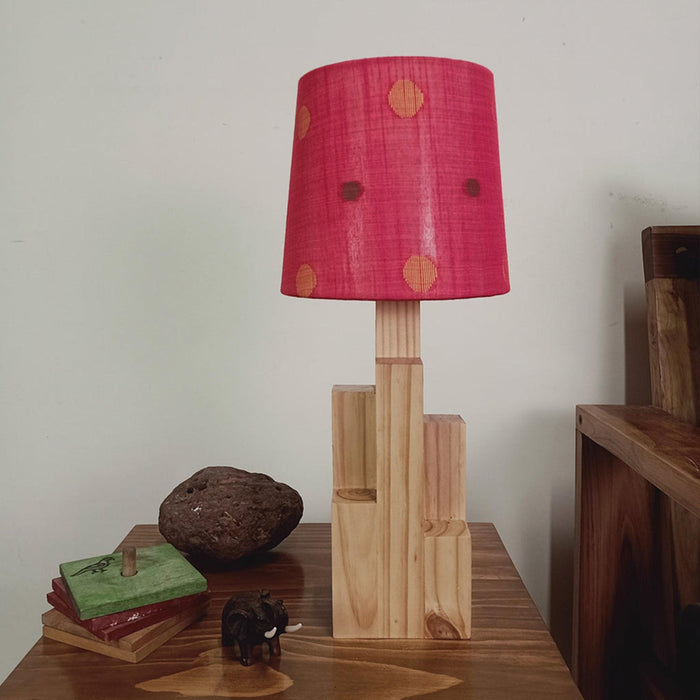 Skyline Beige Wooden Table Lamp with Red Printed Fabric Lampshade - WoodenTwist