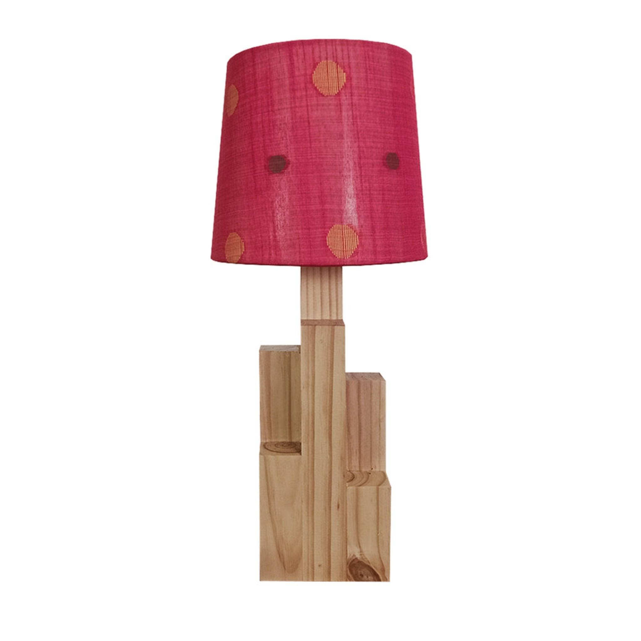 Skyline Beige Wooden Table Lamp with Red Printed Fabric Lampshade - WoodenTwist