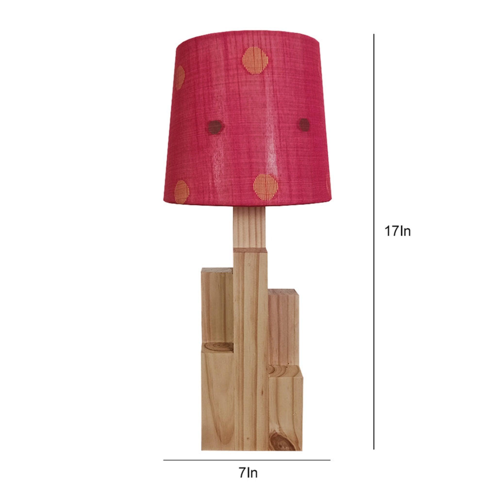 Skyline Beige Wooden Table Lamp with Red Printed Fabric Lampshade - WoodenTwist