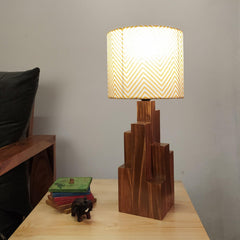 Skyline Brown Wooden Table Lamp with Yellow Printed Fabric Lampshade - WoodenTwist