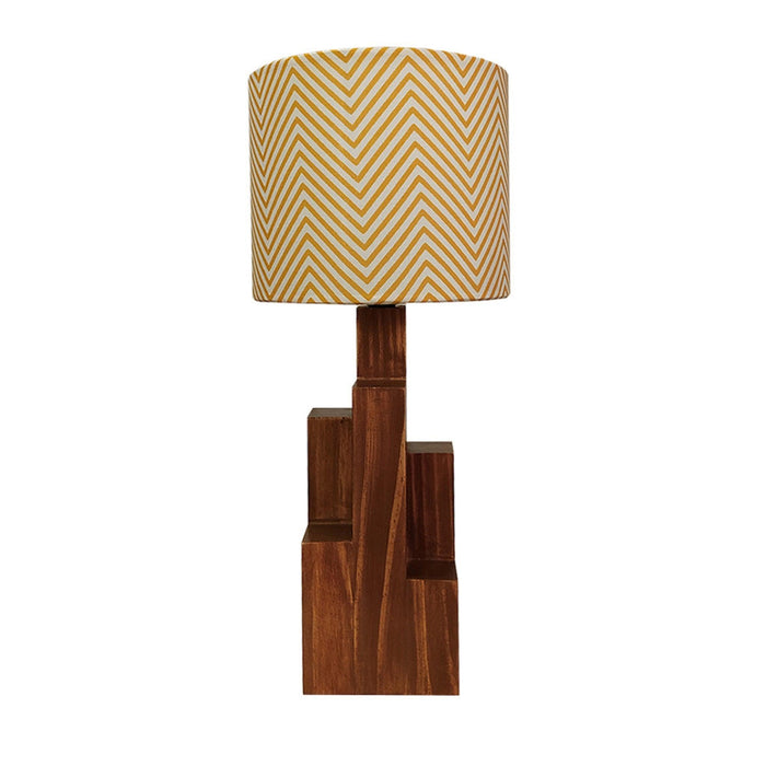 Skyline Brown Wooden Table Lamp with Yellow Printed Fabric Lampshade - WoodenTwist