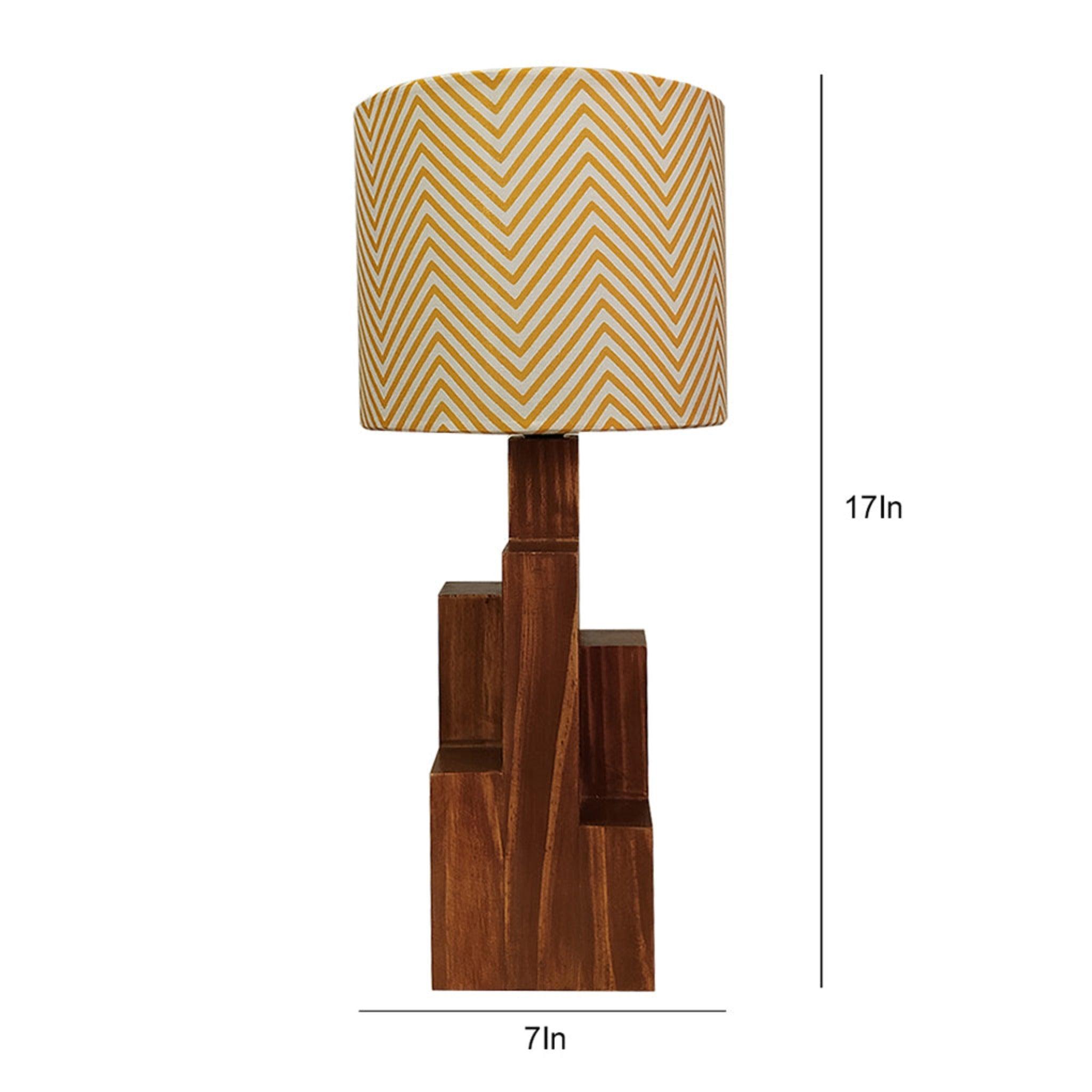 Skyline Brown Wooden Table Lamp with Yellow Printed Fabric Lampshade - WoodenTwist