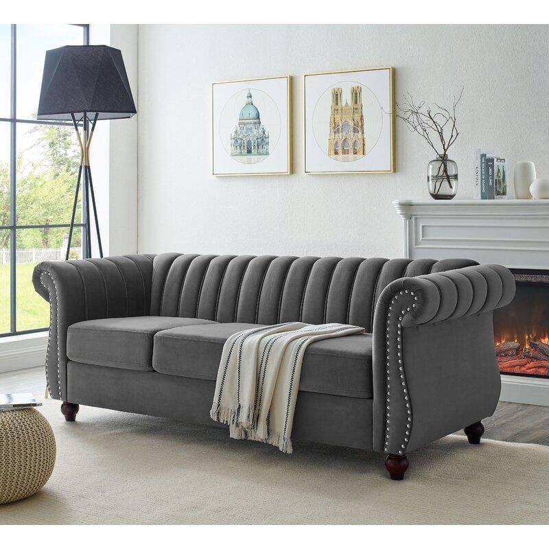 Designer Velvet Rolled Arm Chesterfield Sofa (3 Seater) - WoodenTwist