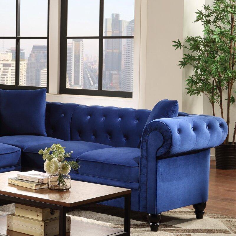 Chesterfield Luxurious Velvet Symmetrical Corner Sectional With Table And Cushions - WoodenTwist