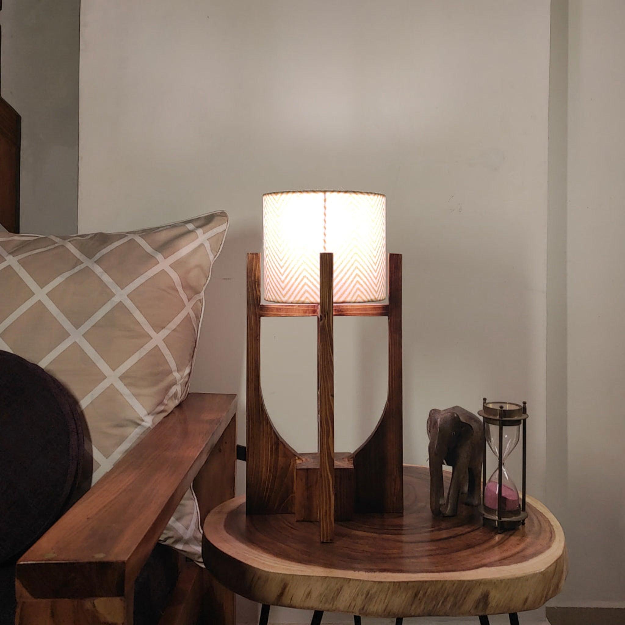 Solitaire Wooden Table Lamp with Brown Base and Premium White Fabric Lampshade - WoodenTwist