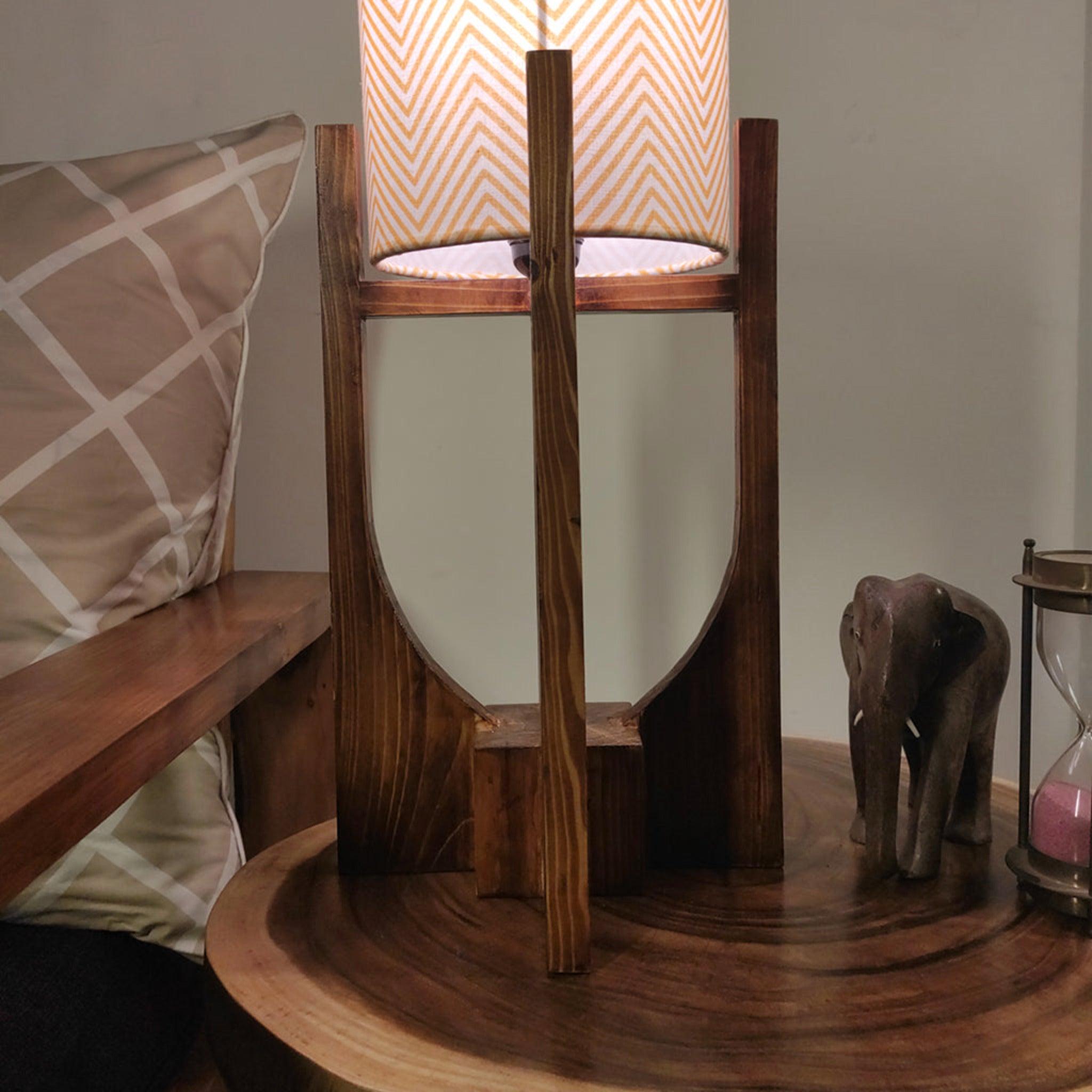 Solitaire Wooden Table Lamp with Brown Base and Premium White Fabric Lampshade - WoodenTwist