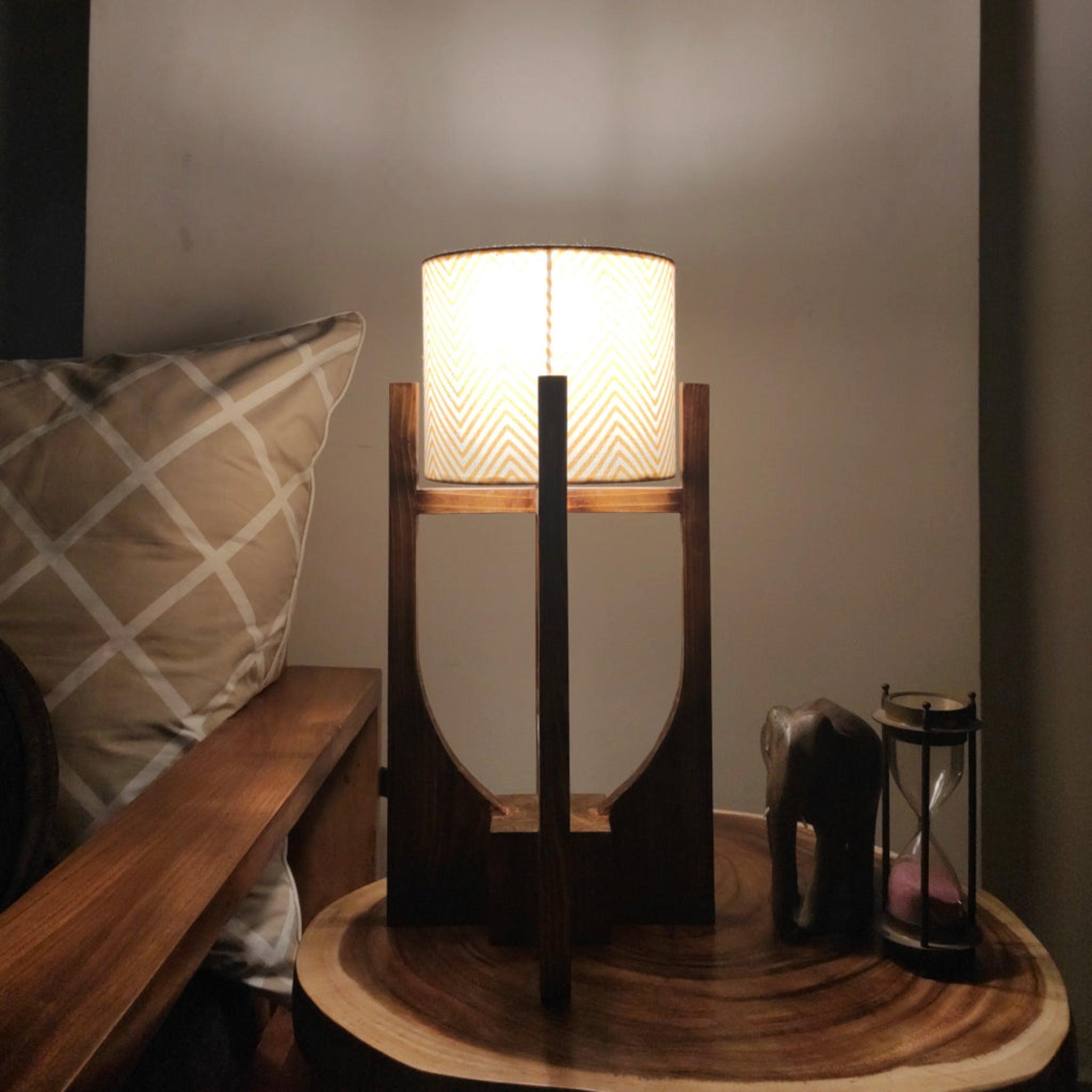 Solitaire Wooden Table Lamp with Brown Base and Premium White Fabric Lampshade - WoodenTwist