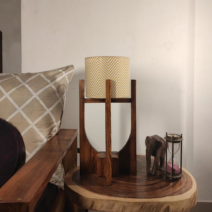 Solitaire Wooden Table Lamp with Brown Base and Premium White Fabric Lampshade - WoodenTwist