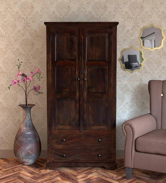 Solid Teak Wood 2 Door Wardrobe - Provincial Teak Finish - Doors Open with Drawer