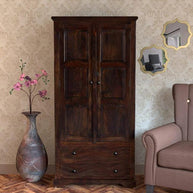 Solid Teak Wood 2 Door Wardrobe - Provincial Teak Finish - Doors Open with Drawer