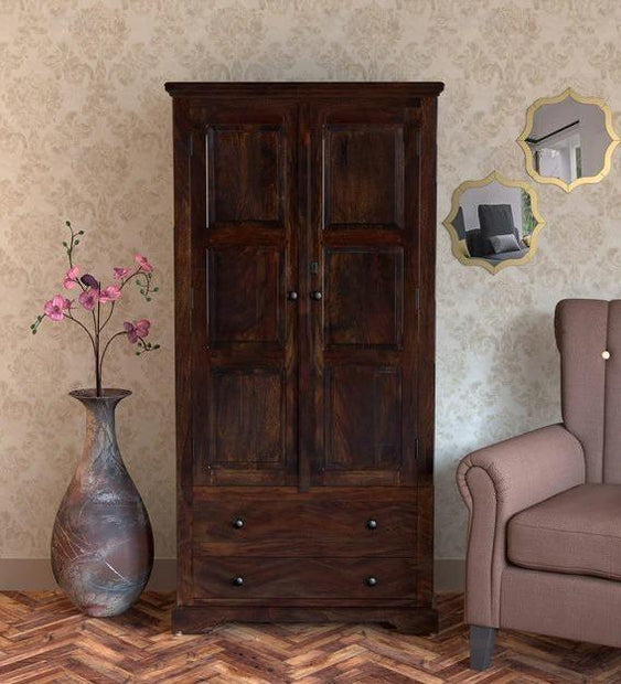 Solid Teak Wood 2 Door Wardrobe - Provincial Teak Finish - Doors Open with Drawer