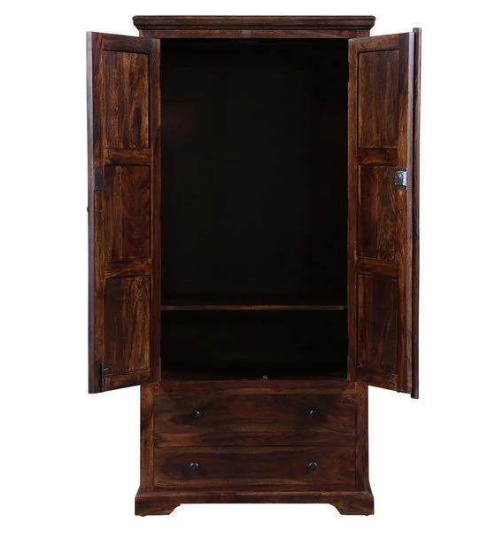 Solid Teak Wood 2 Door Wardrobe - Provincial Teak Finish - Interior Shelves