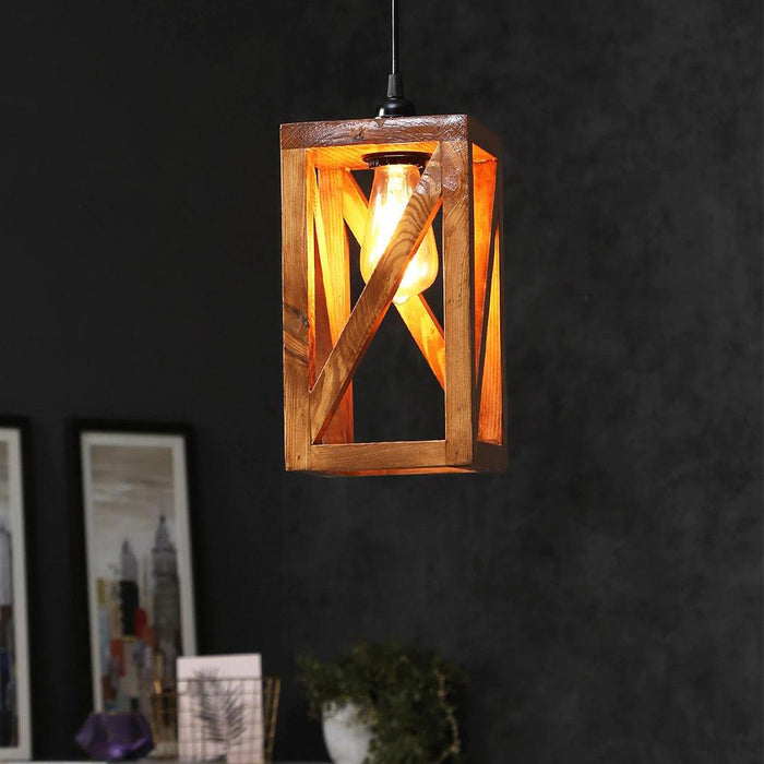 Symmetric Brown Wooden Single Hanging Lamp - WoodenTwist