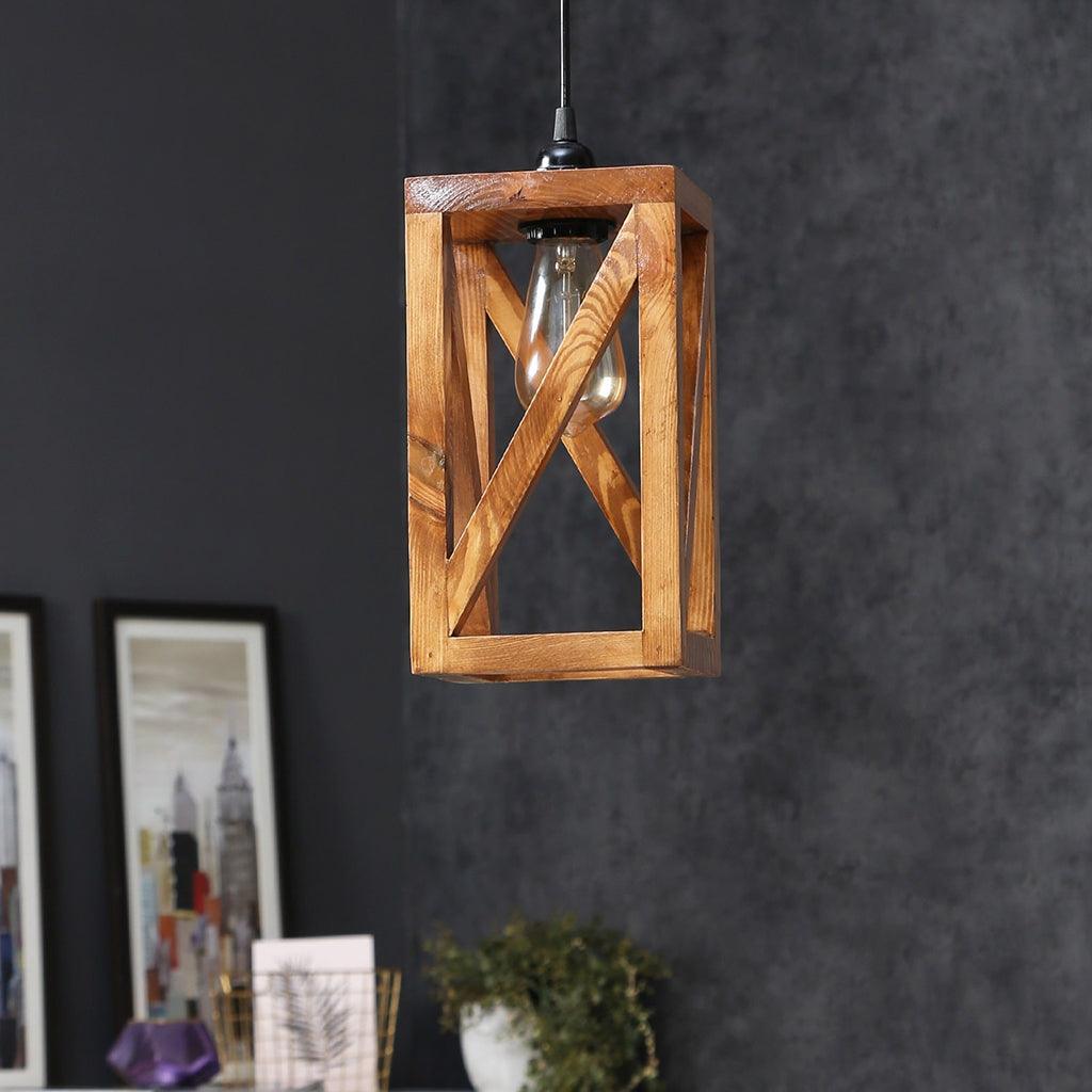 Symmetric Brown Wooden Single Hanging Lamp - WoodenTwist