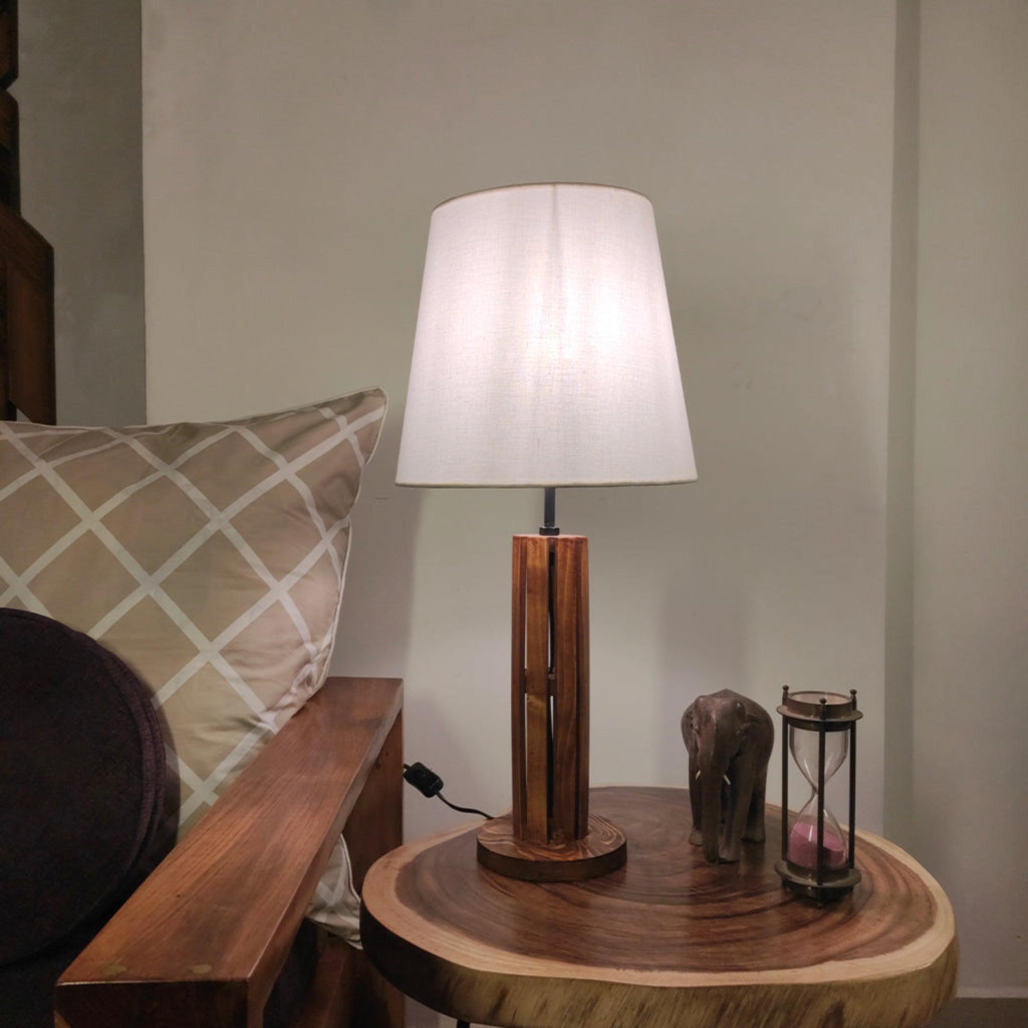 TallBoy Wooden Table Lamp with Brown Base and Premium White Fabric Lampshade - WoodenTwist