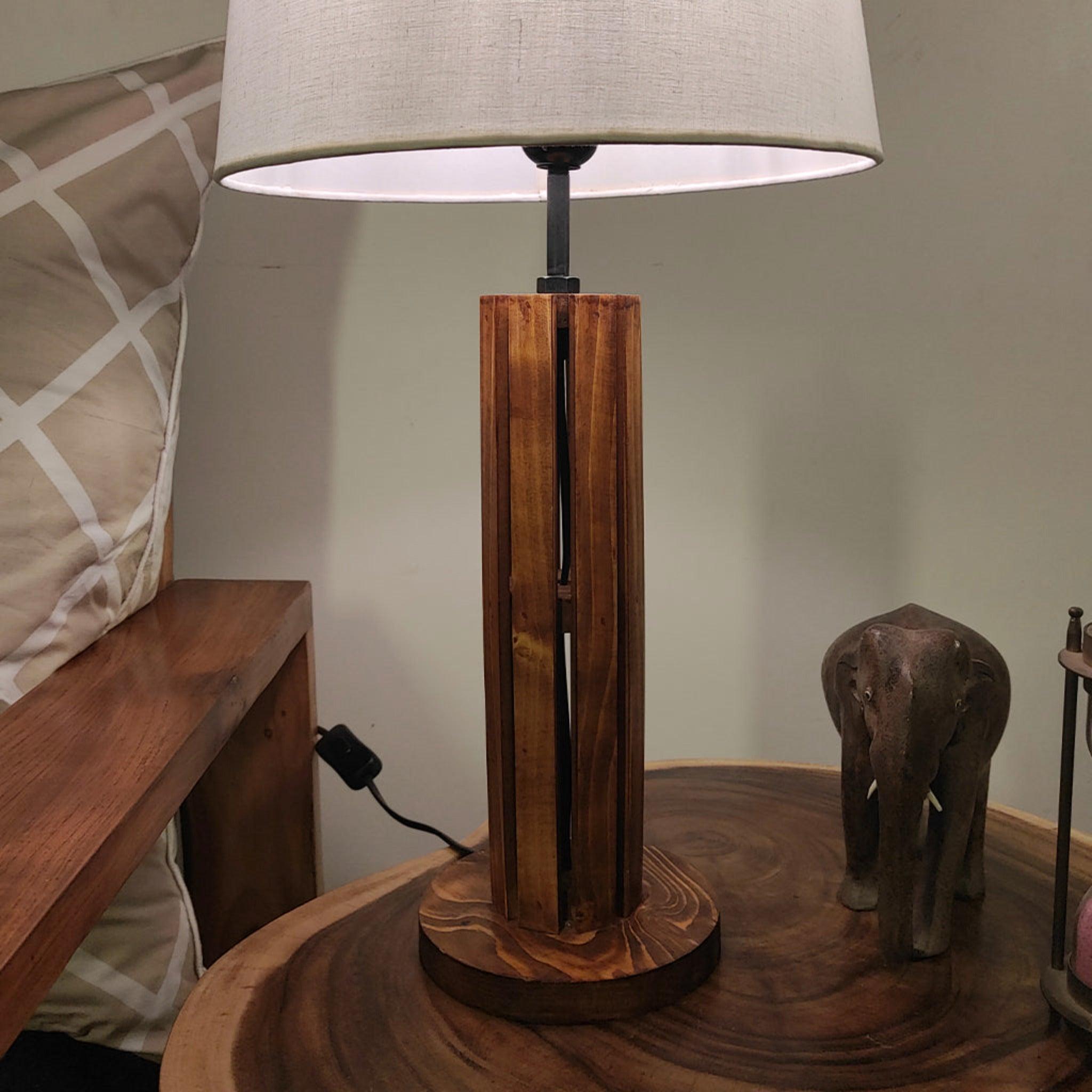 TallBoy Wooden Table Lamp with Brown Base and Premium White Fabric Lampshade - WoodenTwist