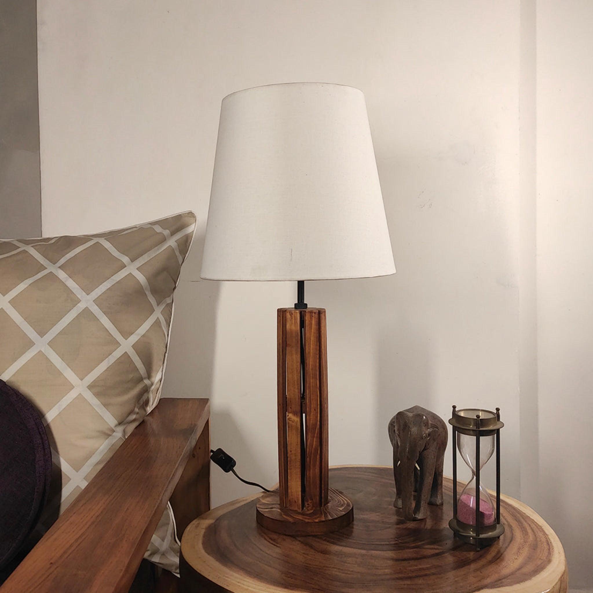 TallBoy Wooden Table Lamp with Brown Base and Premium White Fabric Lampshade - WoodenTwist