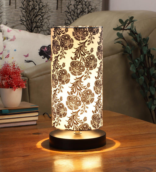 Filigree Design Print Shade Table Lamp With Metal Base Bed Switch Included And Bulb Not Included - WoodenTwist