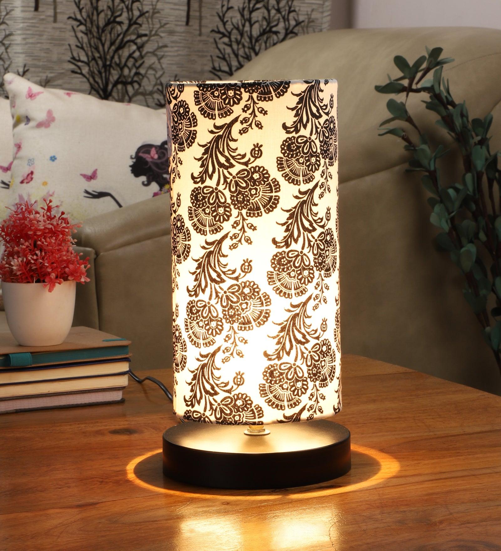 Filigree Design Print Shade Table Lamp With Metal Base Bed Switch Included And Bulb Not Included - WoodenTwist