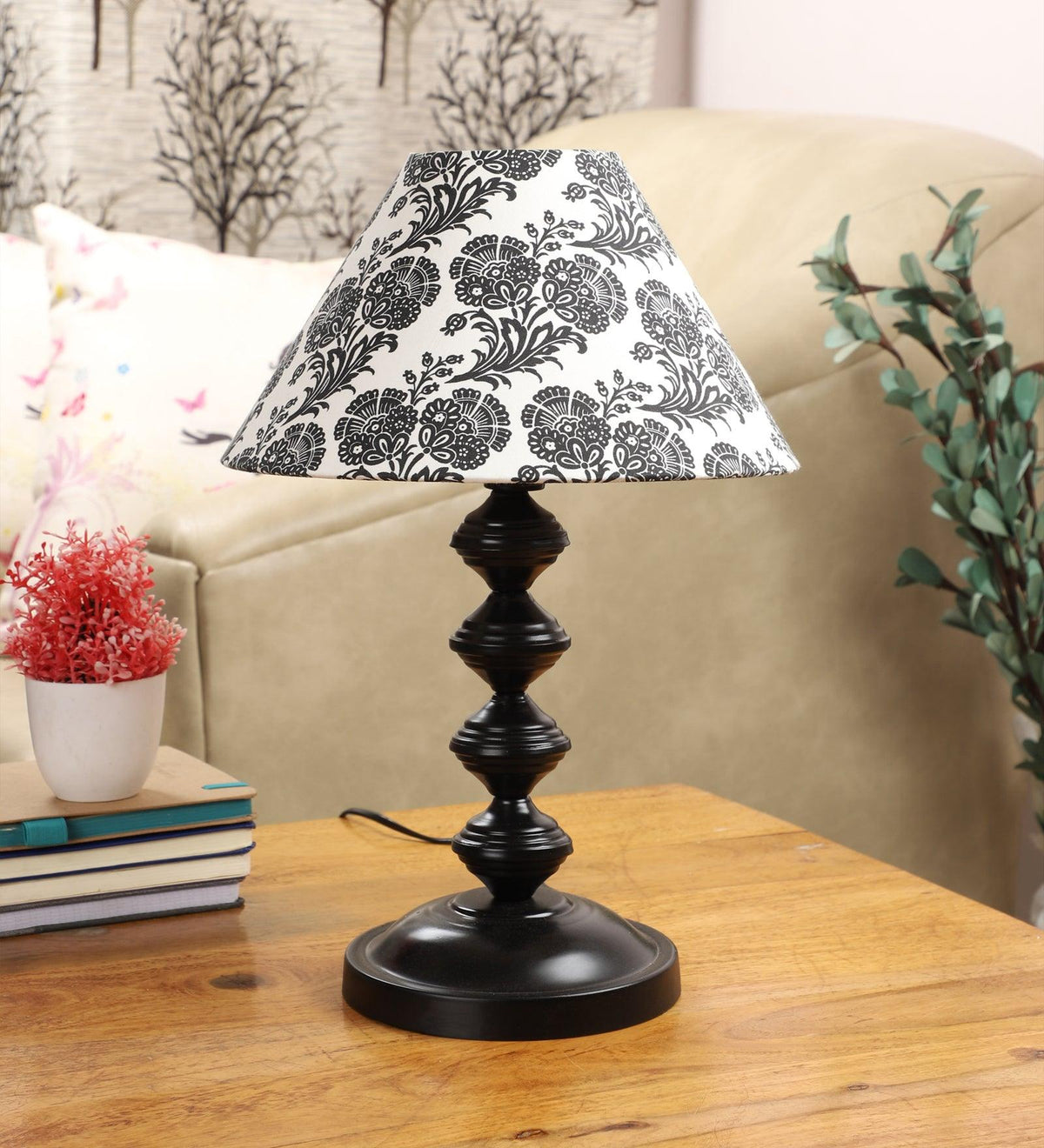 Filigree Design Print Shade With Metal Base Table Lamp - WoodenTwist