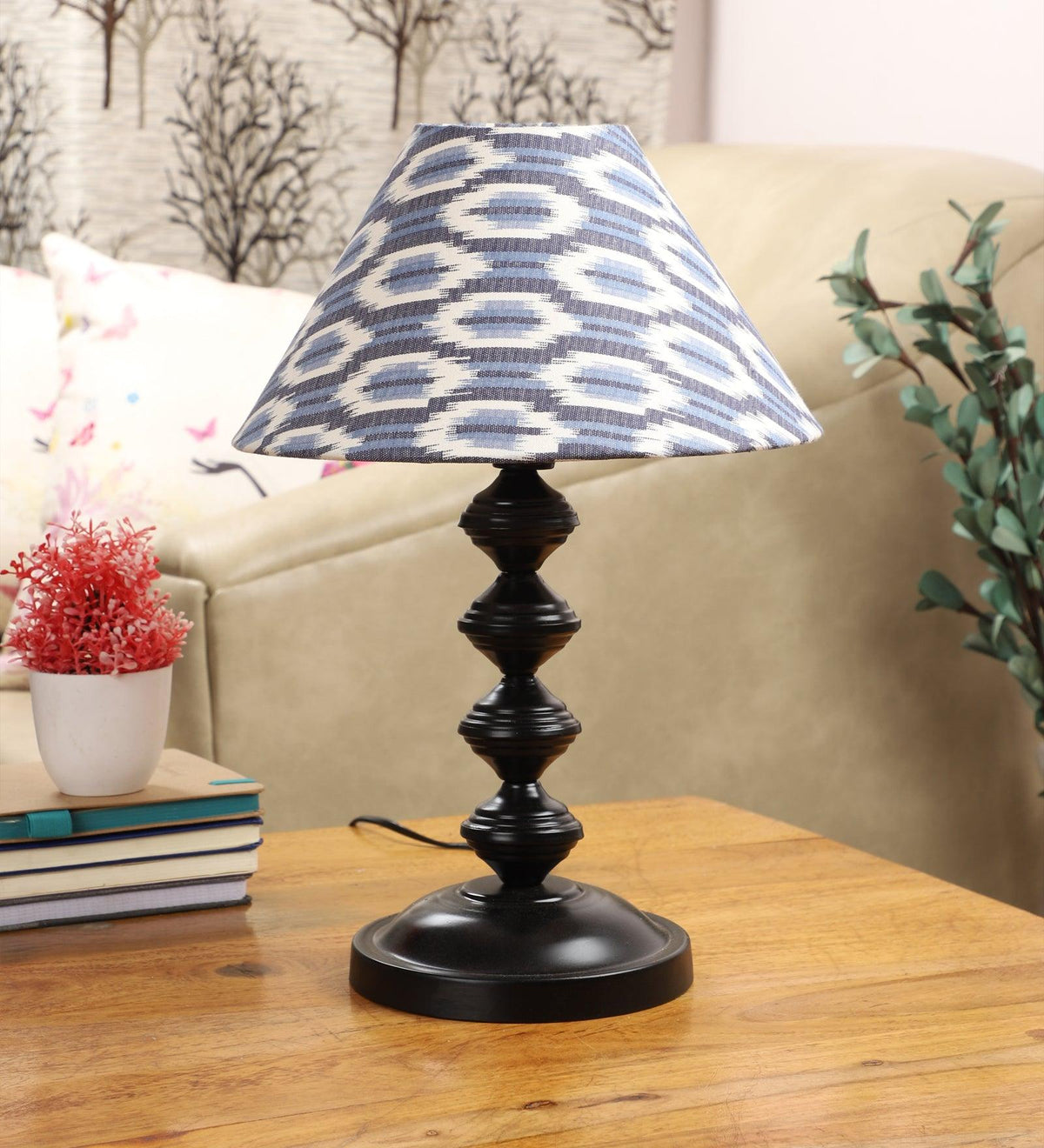 ikat Design Print Shade With Metal Base Table Lamp - WoodenTwist