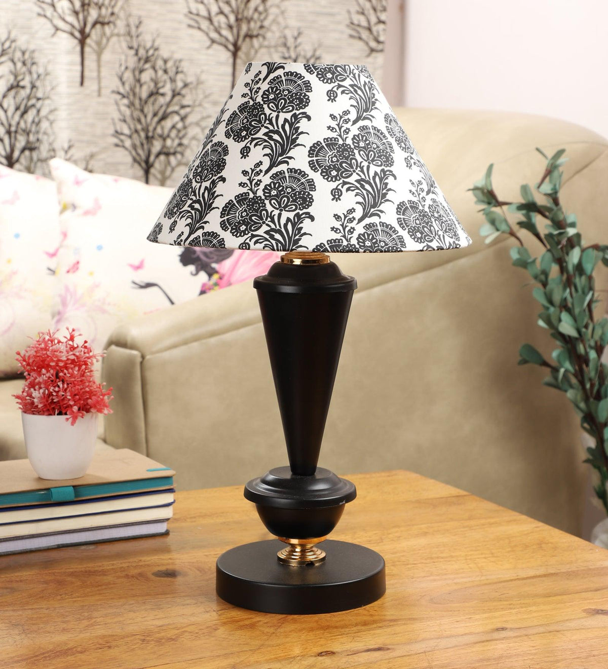 Filigree Design Print Shade With Metal Base Table Lamp - WoodenTwist