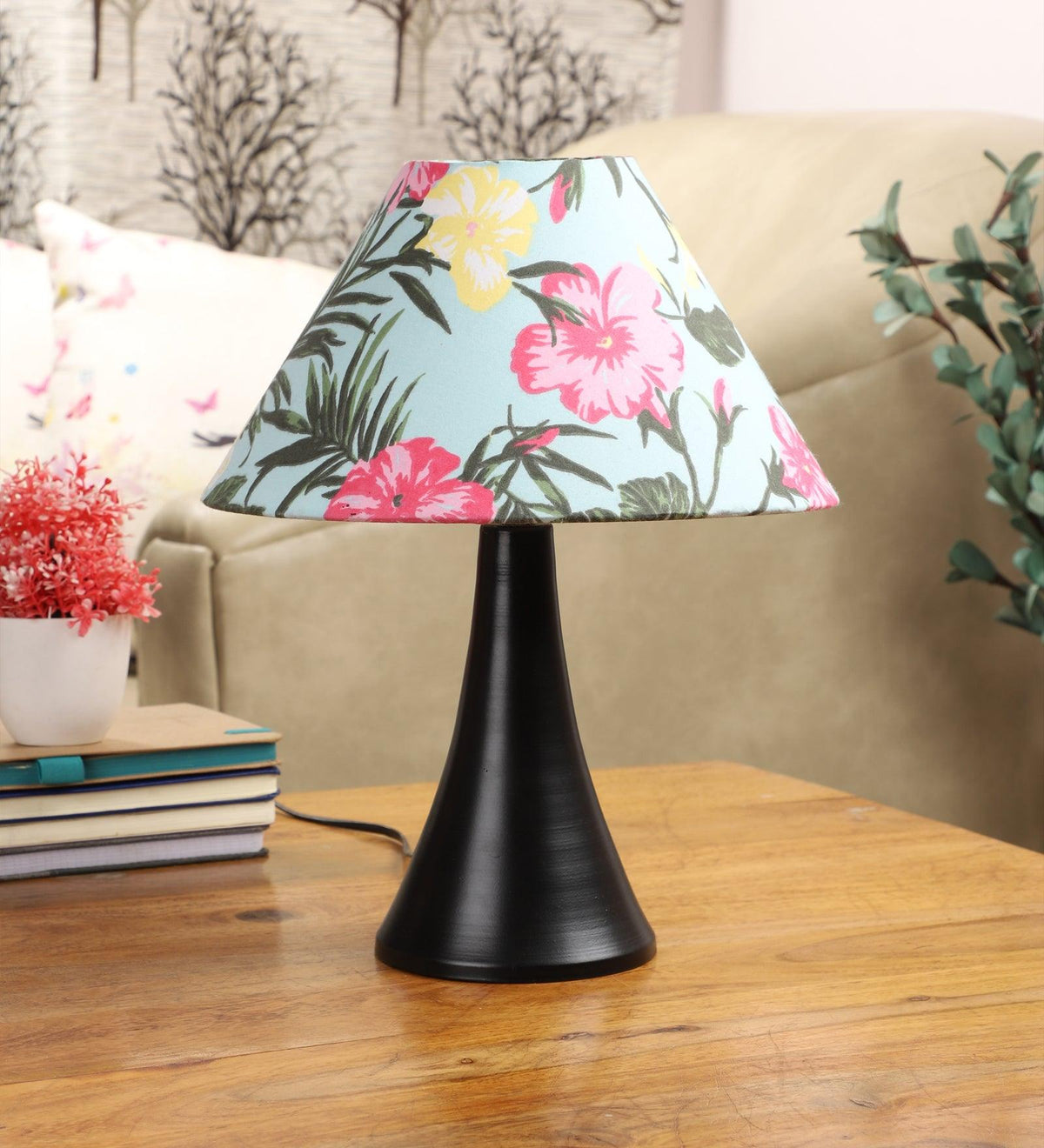 Floral Design Print Shade With Metal Base Table Lamp - WoodenTwist