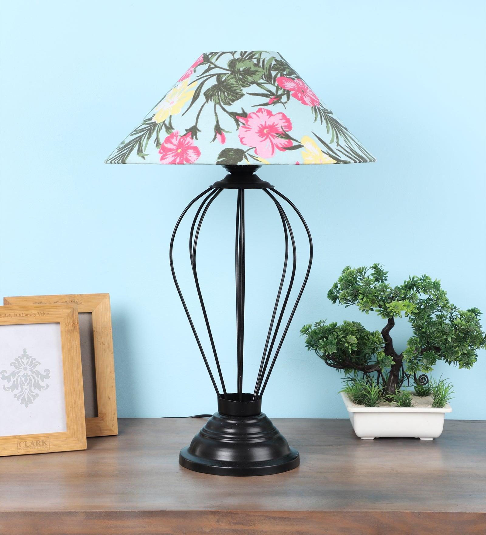 Floral Design Print Shade With Metal Base Table Lamp - WoodenTwist