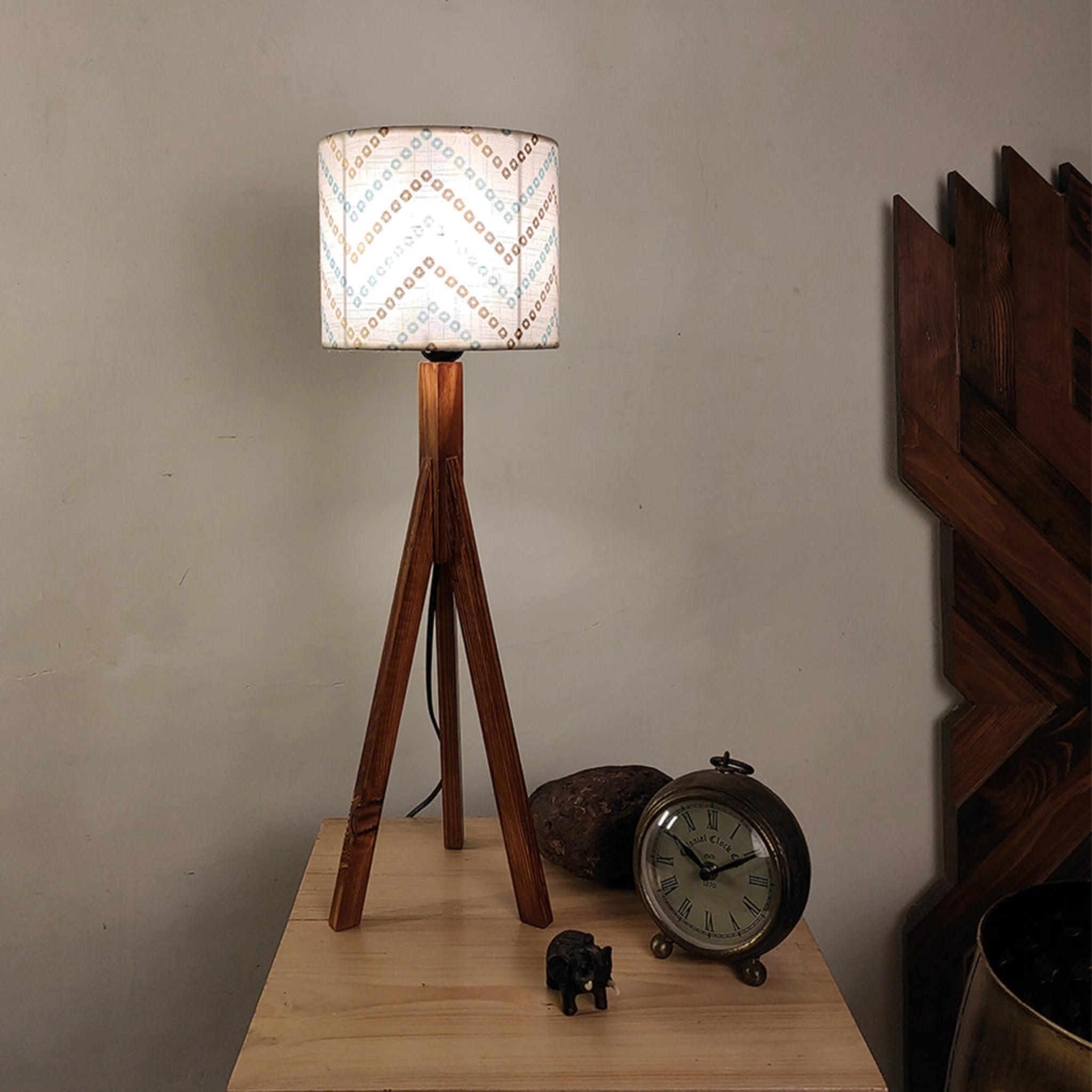 Triune Brown Wooden Table Lamp with White Printed Lampshade - WoodenTwist