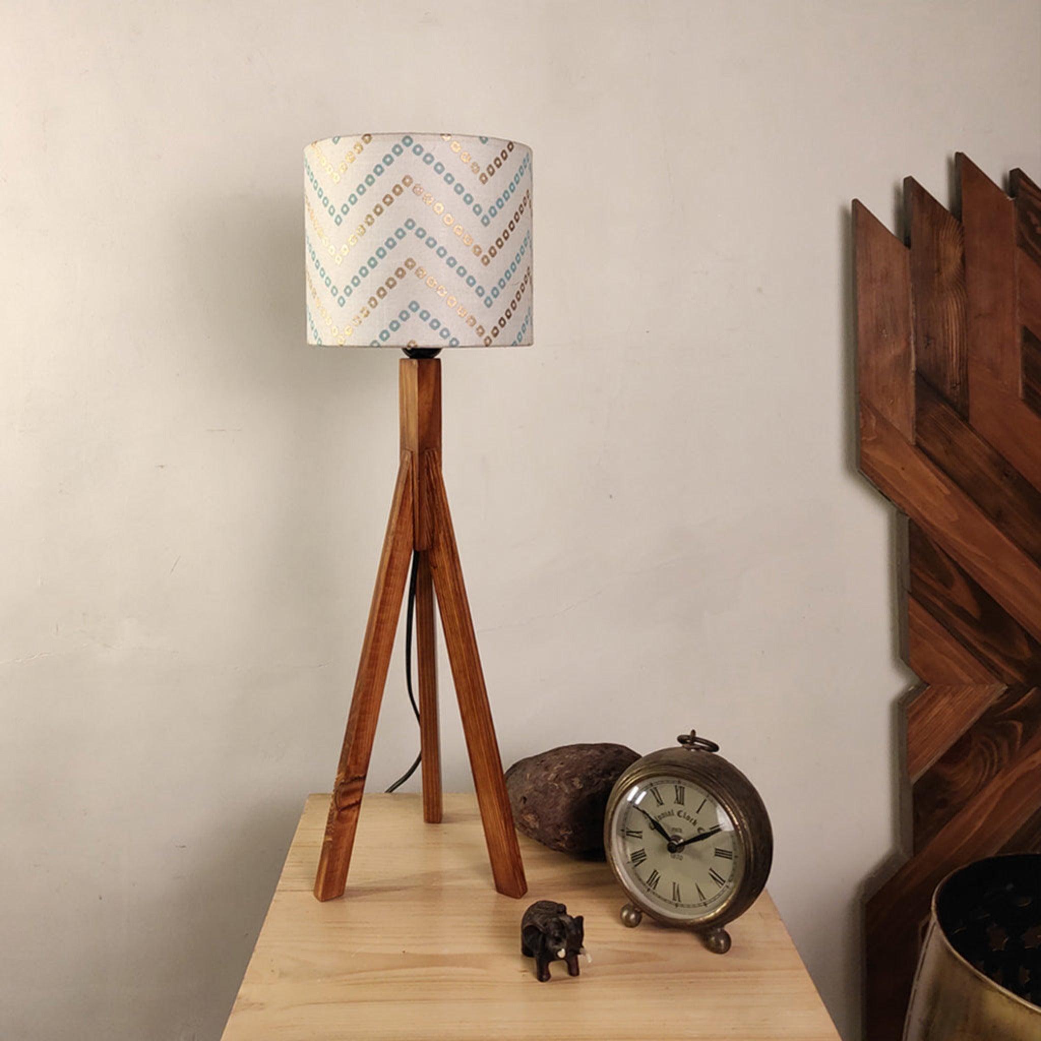 Triune Brown Wooden Table Lamp with White Printed Lampshade - WoodenTwist