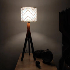 Triune Brown Wooden Table Lamp with White Printed Lampshade - WoodenTwist