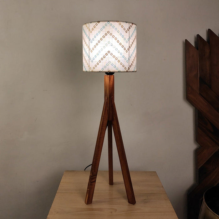 Triune Brown Wooden Table Lamp with White Printed Lampshade - WoodenTwist