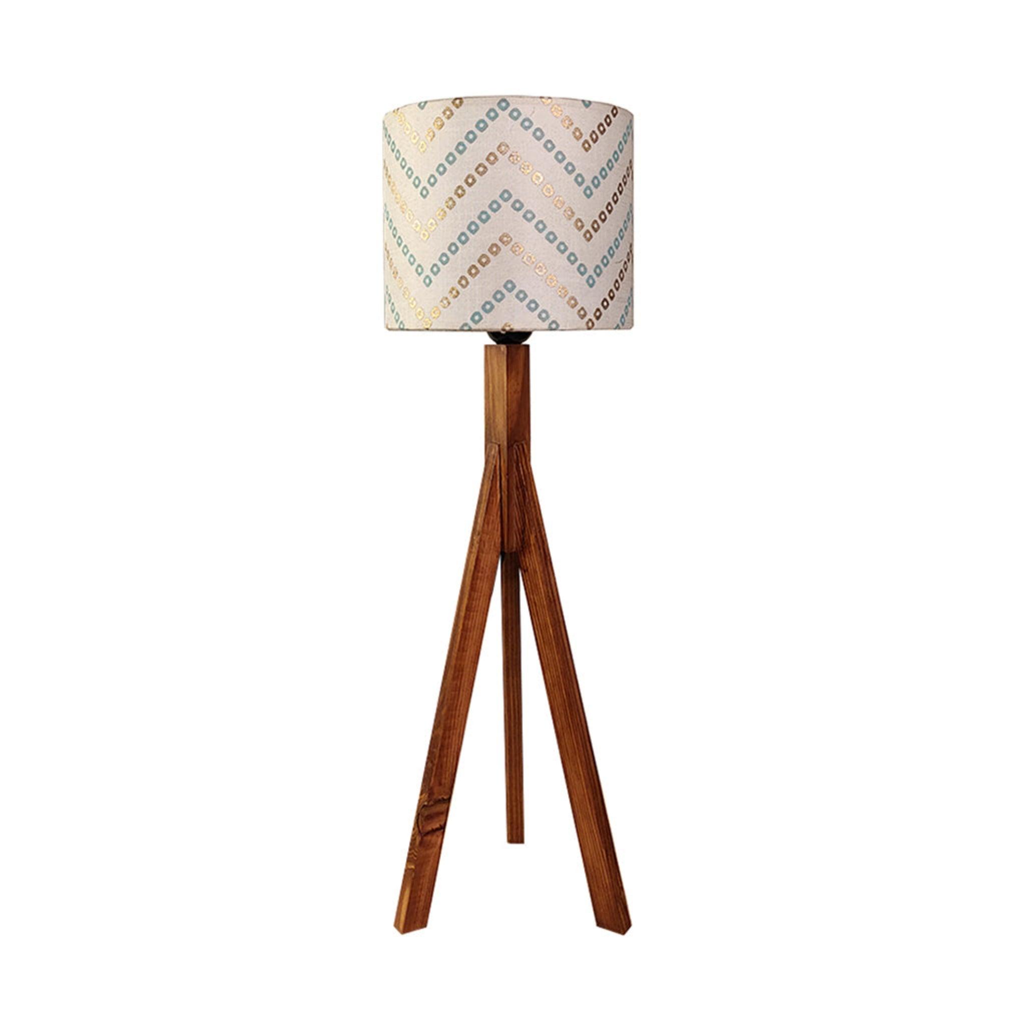 Triune Brown Wooden Table Lamp with White Printed Lampshade - WoodenTwist