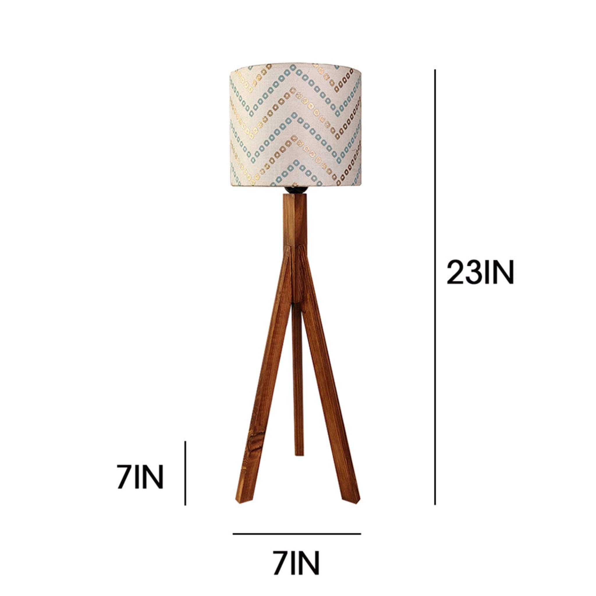 Triune Brown Wooden Table Lamp with White Printed Lampshade - WoodenTwist