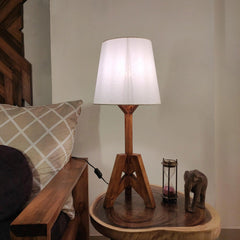 Troika Wooden Table Lamp with Brown Base and Premium White Fabric Lampshade - WoodenTwist