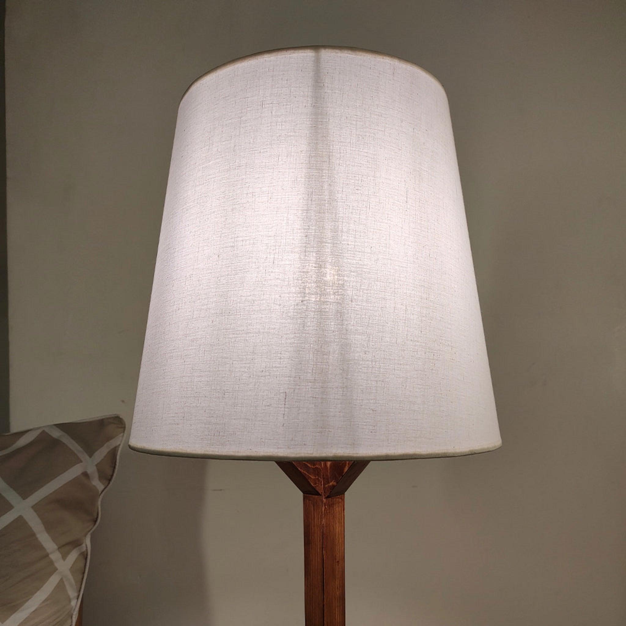 Troika Wooden Table Lamp with Brown Base and Premium White Fabric Lampshade - WoodenTwist