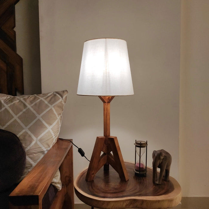 Troika Wooden Table Lamp with Brown Base and Premium White Fabric Lampshade - WoodenTwist