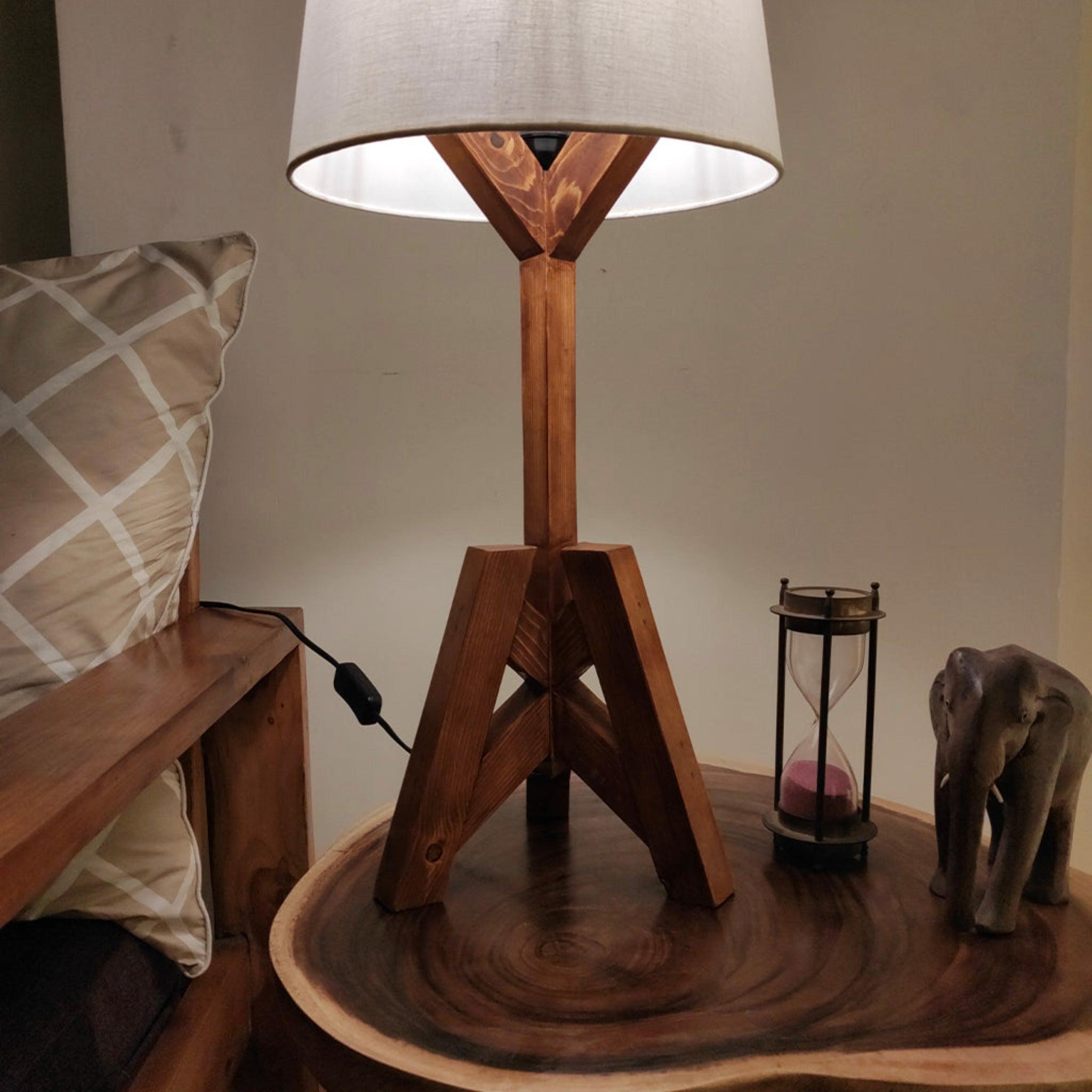 Troika Wooden Table Lamp with Brown Base and Premium White Fabric Lampshade - WoodenTwist