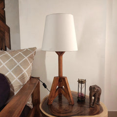 Troika Wooden Table Lamp with Brown Base and Premium White Fabric Lampshade - WoodenTwist