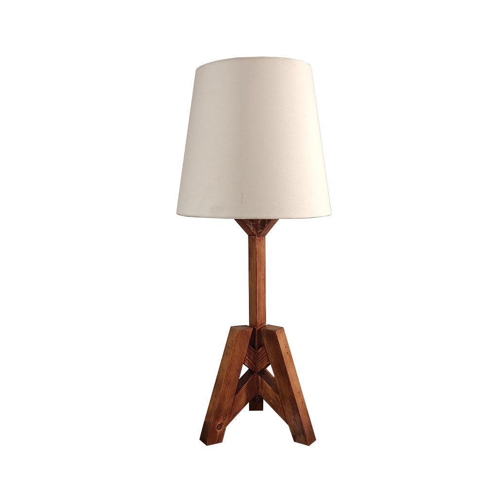 Troika Wooden Table Lamp with Brown Base and Premium White Fabric Lampshade - WoodenTwist