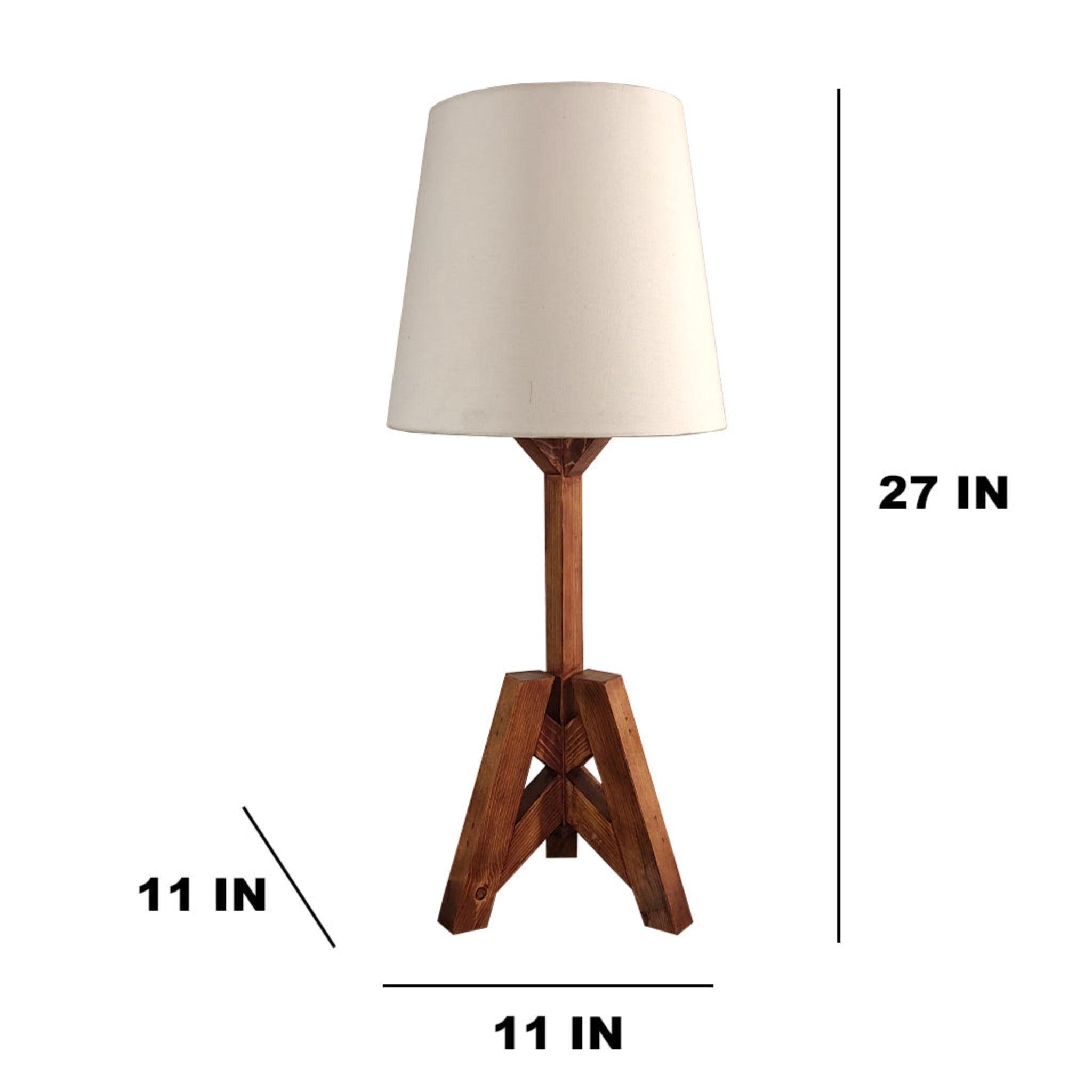 Troika Wooden Table Lamp with Brown Base and Premium White Fabric Lampshade - WoodenTwist